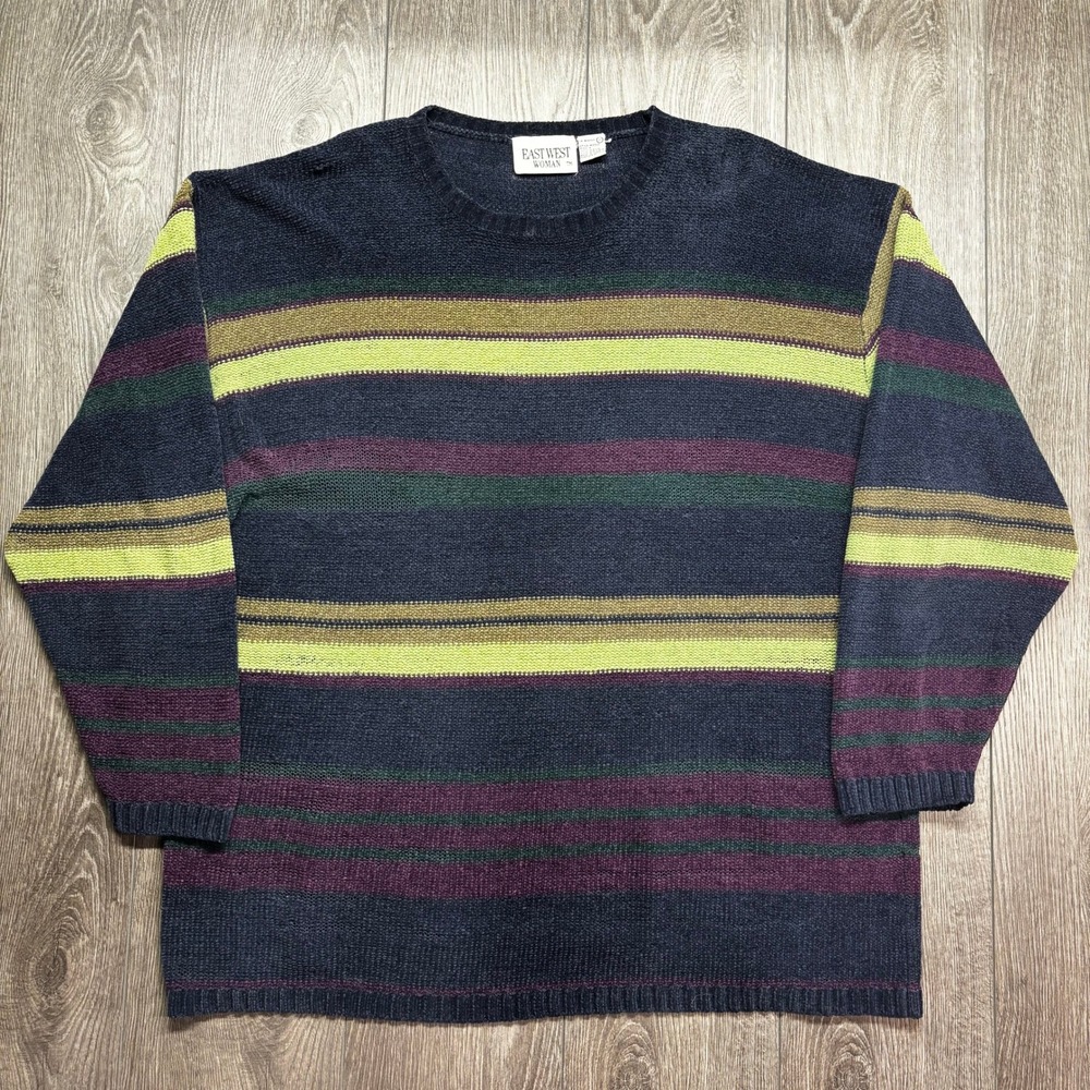 East West Woman Vintage Striped Knit Sweater Plus Size 3X Navy Green Purple